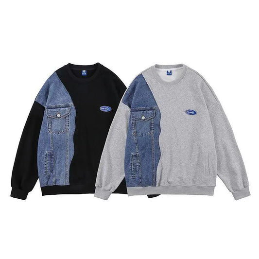 Autumn and Winter Plus Velvet Thick Plus Size Couples Wear Denim Stitching Loose and Versatile Warm and Comfortable Sweater