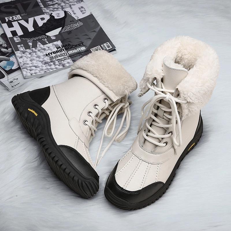 Winter Boots Women Mid Calf Snow Boots Black White Leather Boots Platform Shoes Fashion Plus Size Boots 36-42