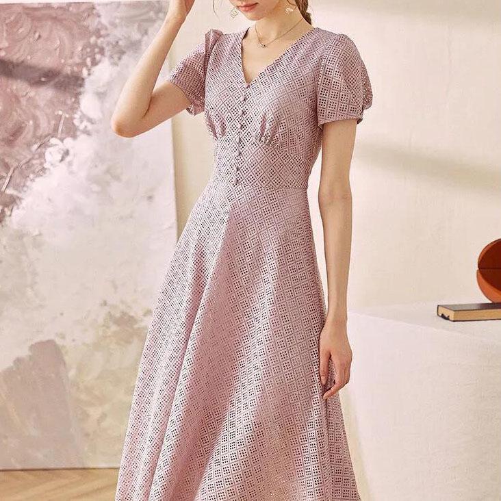 Women Summer Elegant Dress Vintage High Waist Short Sleeve Party Dress Slim Office V-neck Lace hollow Out Mid-length Dress