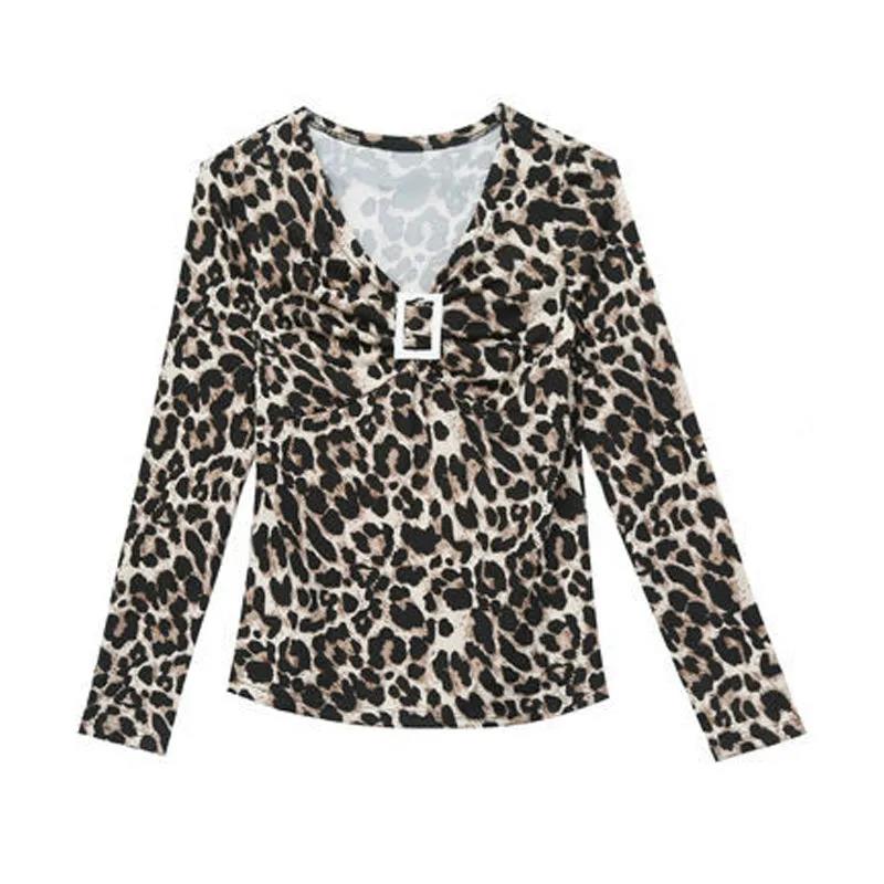 Women's Spring and Autumn Long-sleeved Bottoming Shirt Leopard Print V-neck Slim Top