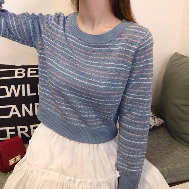 Cute O-neck Pullover Long Sleeve Short Twist Sweater Women Open Waist Striped Knitwear