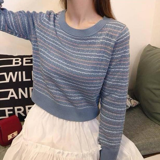 Cute O-neck Pullover Long Sleeve Short Twist Sweater Women Open Waist Striped Knitwear