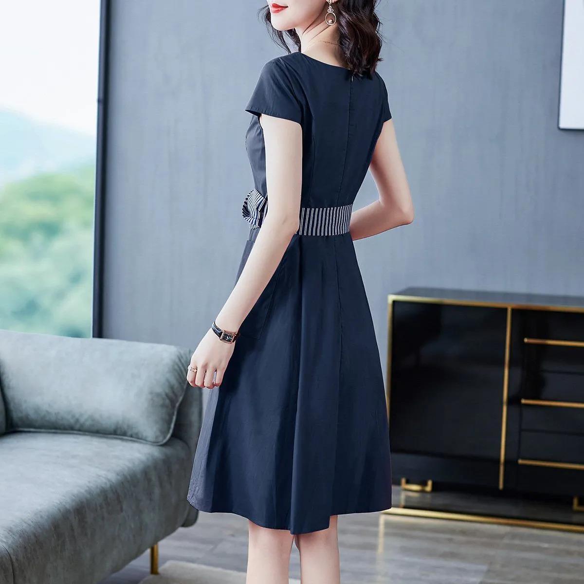 Summer Fashion All-match V-neck Dress Women's Waist Over-knee Long Skirt Casual Solid Color Short-sleeved Slim Dress