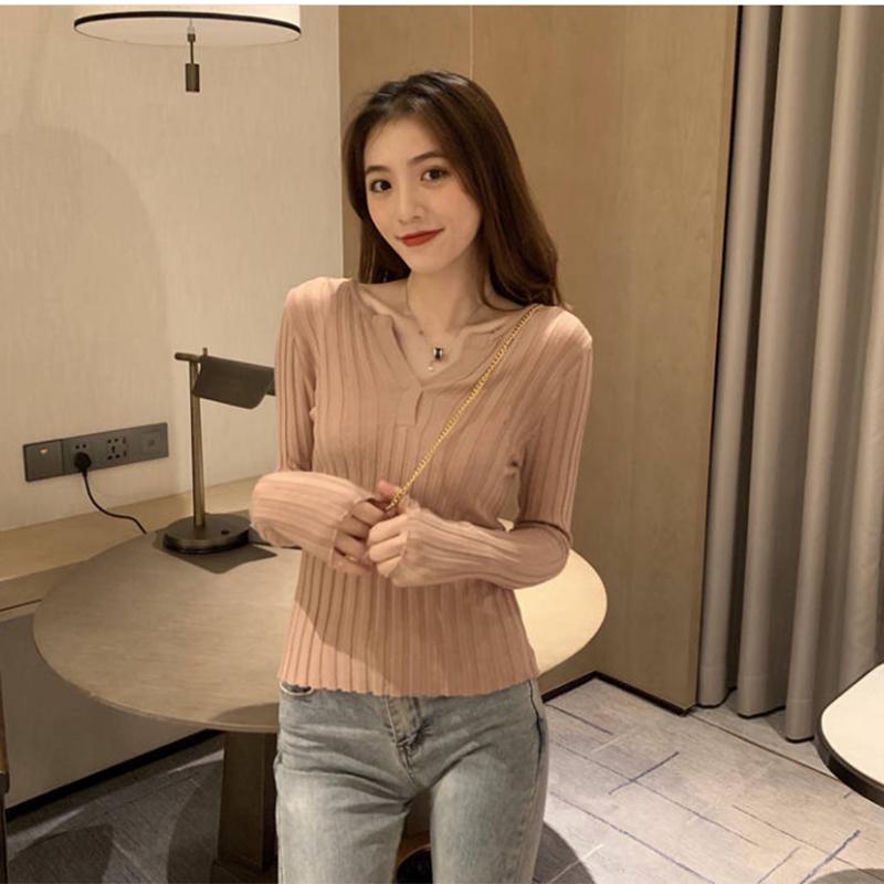 Pofulove Autumn and Winter Solid Color Long-sleeved Shirt V-neck Slim-fit Slim Sweater Women