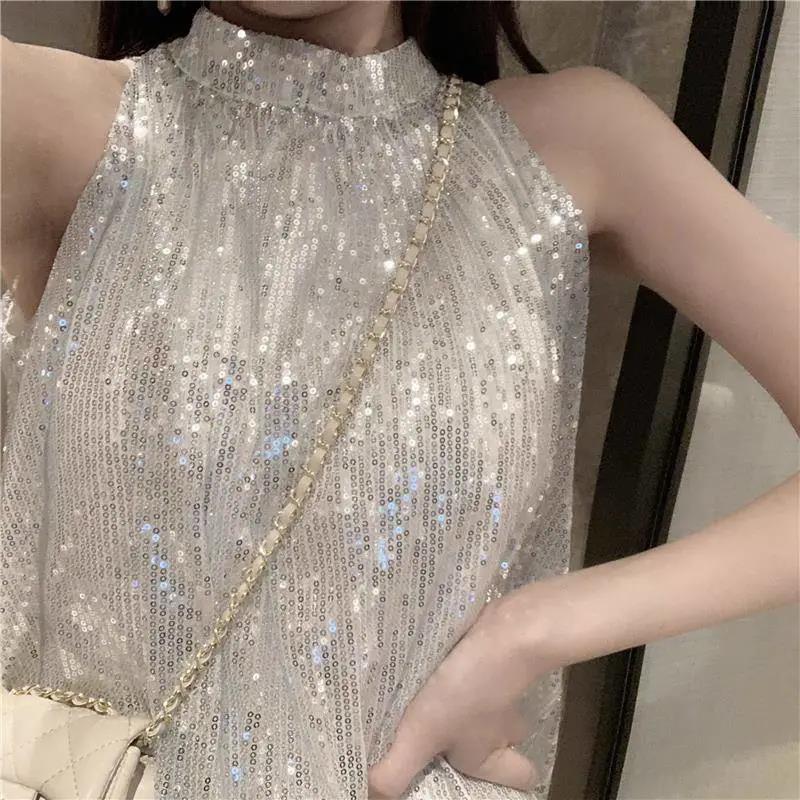 Tutu Sequins Shiny  Women's Summer Vest Dress Sleeveless Round Neck Knee-length Daily Wear Home Dating Party