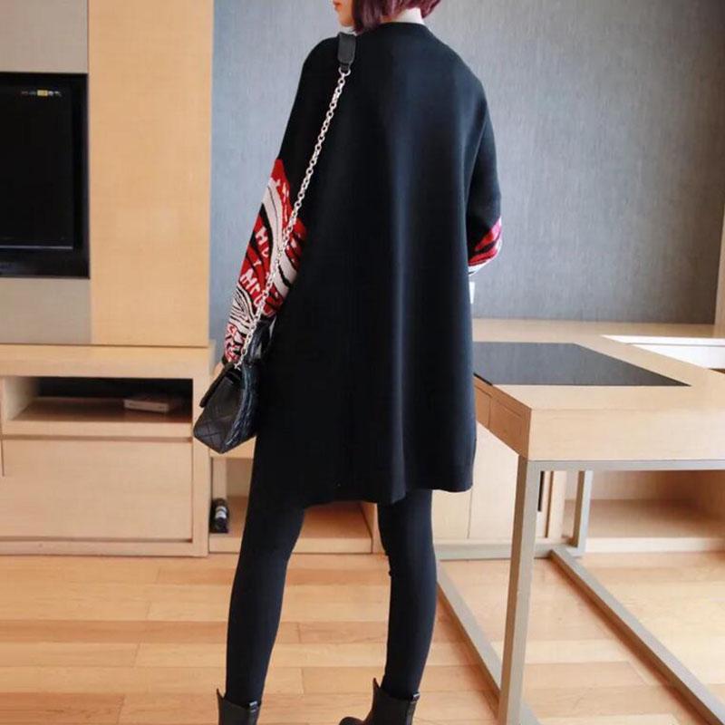 Vintage Printed Knitted Sweater Women Loose Bottoming Sweater Autumn and Winter Asymmetric Pullover Sweater