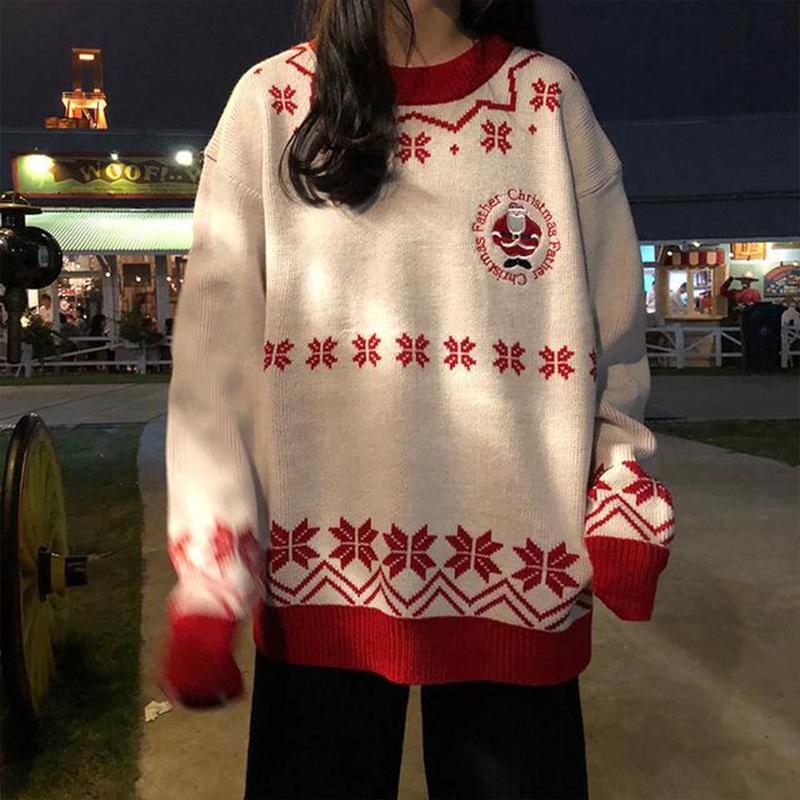 Autumn  Winter Women's Loose Santa Claus Snowflake Long-sleeved Pullover Loose Bottoming Sweater Knited  Top
