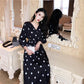 Black and White Point High Waist Temperament Was Thin V-neck Long Section Split Chiffon Dress