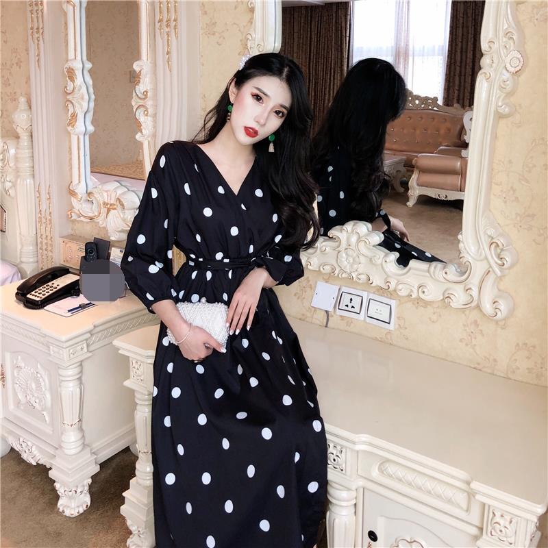 Black and White Point High Waist Temperament Was Thin V-neck Long Section Split Chiffon Dress