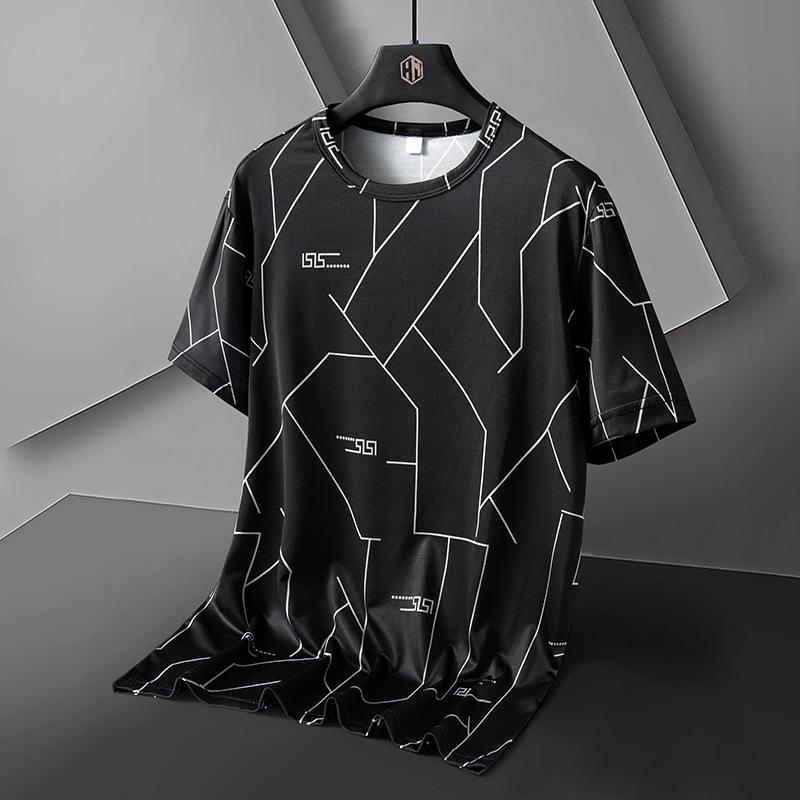 Men Ice Silk T-shirts Summer O-neck Short Sleeves Casual Shirts Oversized Geometric Graphic Print Tees Soft Breathable Cool Tops