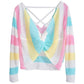 Western Style Spring and Autumn Clothes V-neck Cross-navel Short Loose Knit Sweater Rainbow Long-sleeved Sweater