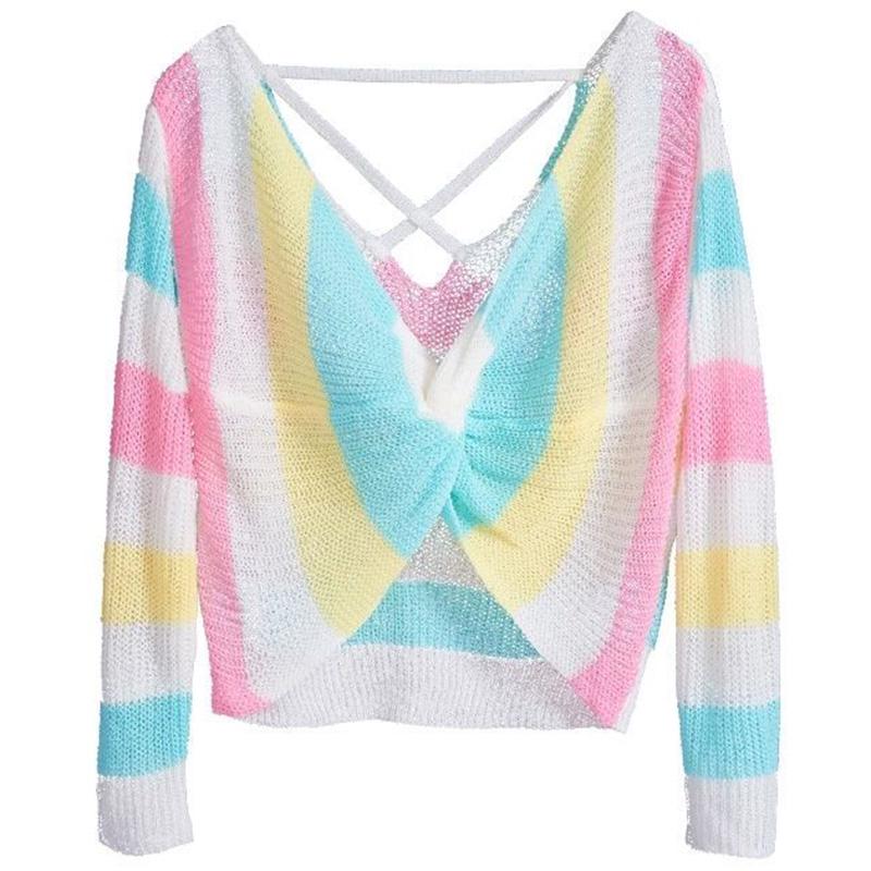 Western Style Spring and Autumn Clothes V-neck Cross-navel Short Loose Knit Sweater Rainbow Long-sleeved Sweater