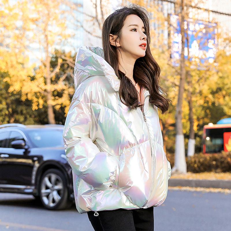 Women's Bright Print Short Down Jacket Winter Korean Loose Quilted Jacket Casual Stand-up Collar Hooded Down Jacket Quilted Jacket