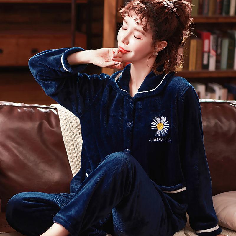 Pajamas Women's Coral Fleece Thickening Ladies Flannel Suit Long-sleeved Plus Size Winter Home Service Will Not Shed Hair and Will Not Fade