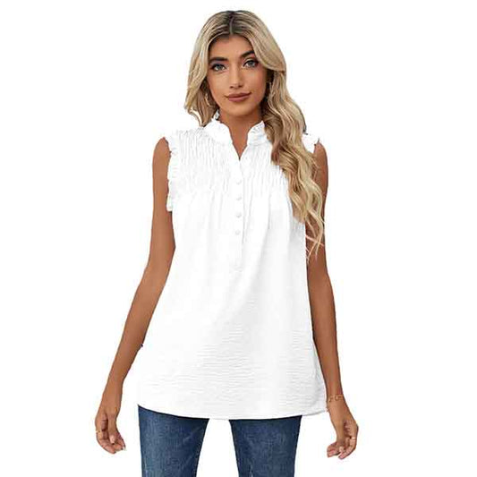 European and American Shirt Women's Sleeveless High Neck Button Frill Loose Casual Top