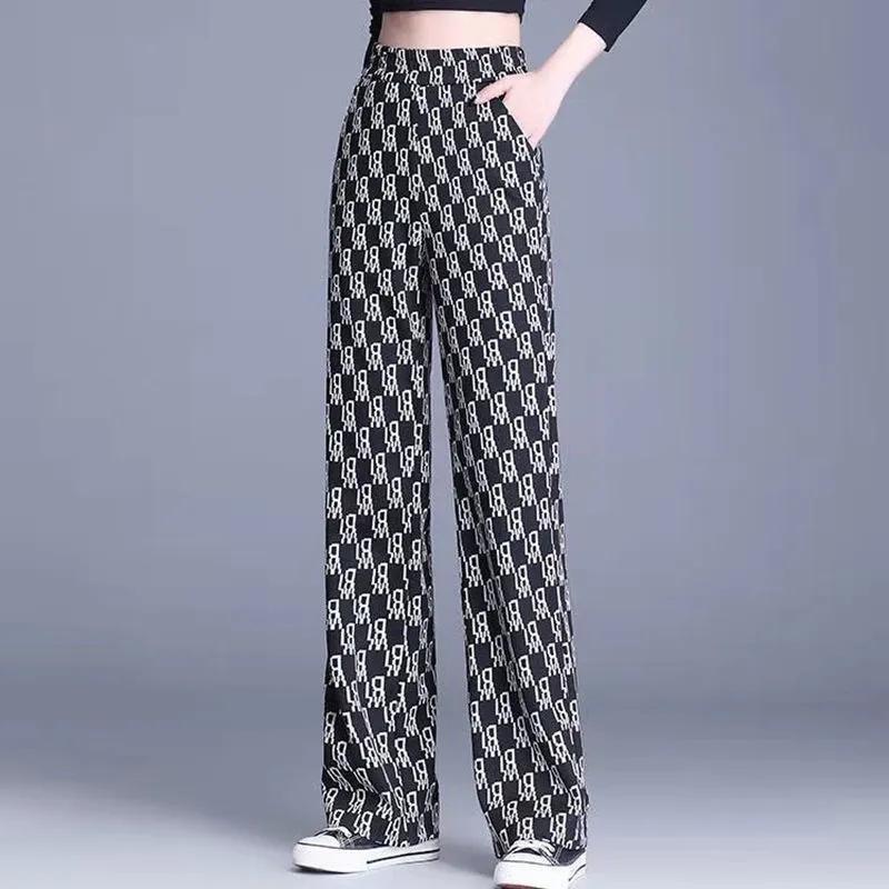 Wide Leg Pants Women's High Waist Vertical Printed Pants Spring and Autumn Loose Thin All-match Straight Casual Trousers