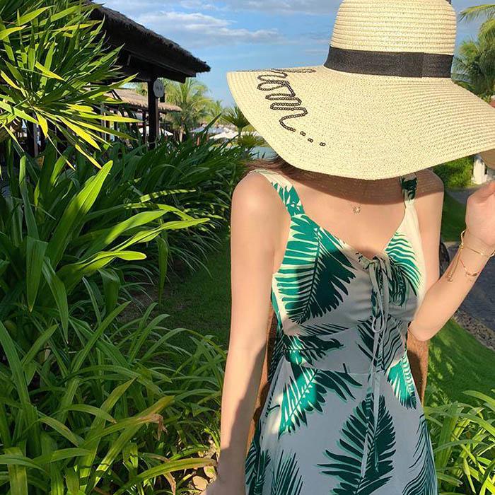 Pofulove Summer Women Green Leaf Sexy Dress Sun-dresses Sleeveless Below Knee Sleeveless Beach Dress