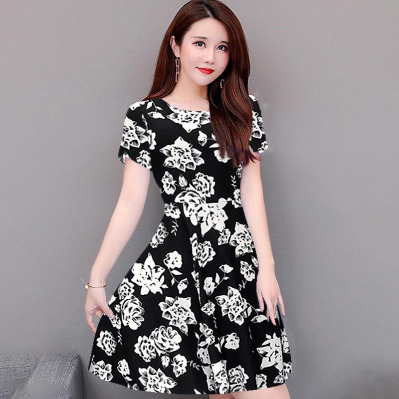 Brand Dress Round Neck Women Casual Flower Short Sleeve Skirt Sunmmer  Beach High Waist