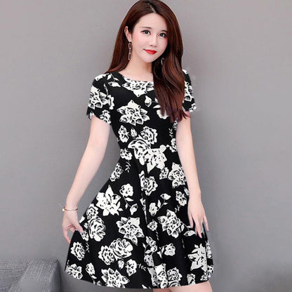 Brand Dress Round Neck Women Casual Flower Short Sleeve Skirt Sunmmer  Beach High Waist