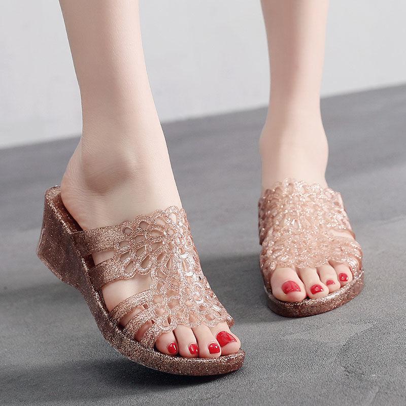 High-heeled Sandals and Slippers Plastic Non-slip Home Bathroom Thick-soled Slippers Ladies Beach Shoes Outer Wear Fish Mouth Sandals