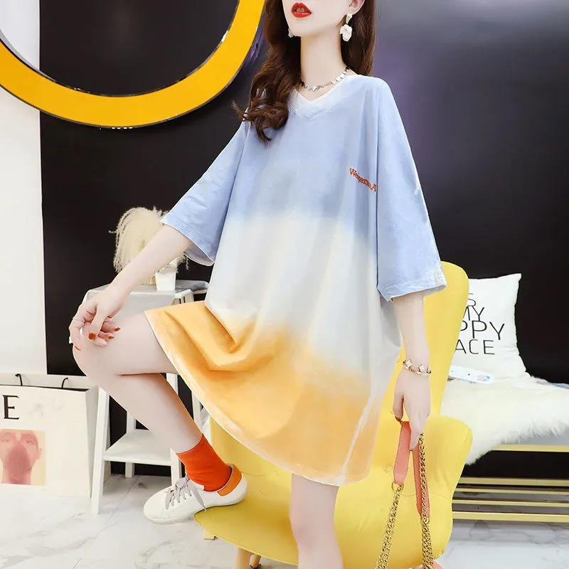 T-shirt Dress Stitching Color Gradient Women Dress Girl Loose V-Neck Batwing Sleeve Casual Long  Big Loose Home Comfort Outer Convenient