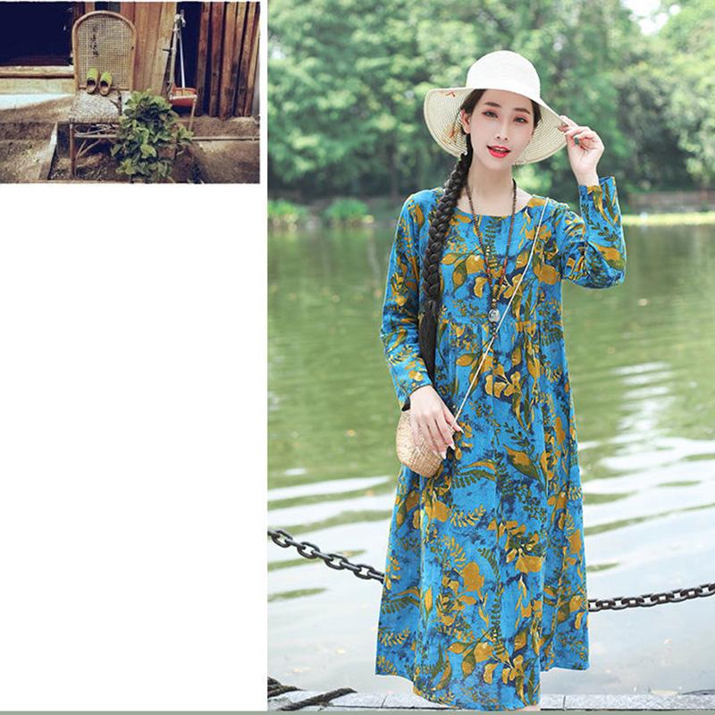 Ladies Spring and Autumn Long-sleeved Dress Retro Loose Large Size Ethnic Style Long Print New A-line Skirt