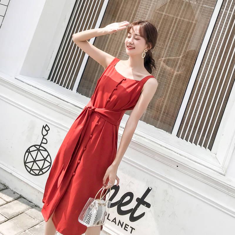 Women Summer Button Front Slip Midi Dress Beach Dress Casual Dress Solid Color Camisole Dress