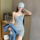 Deep V-Neck Folds Blackless Bodycon Dress Sling Elegant Solid Slim Lady Fashion Dresses