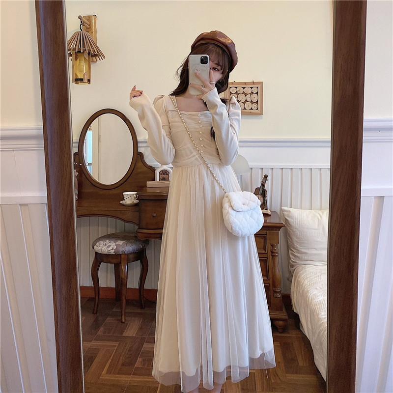 French Dress Korean Style Mid-length Long-sleeved Square Neckline Mesh  Receiving Waist Slim Skirt