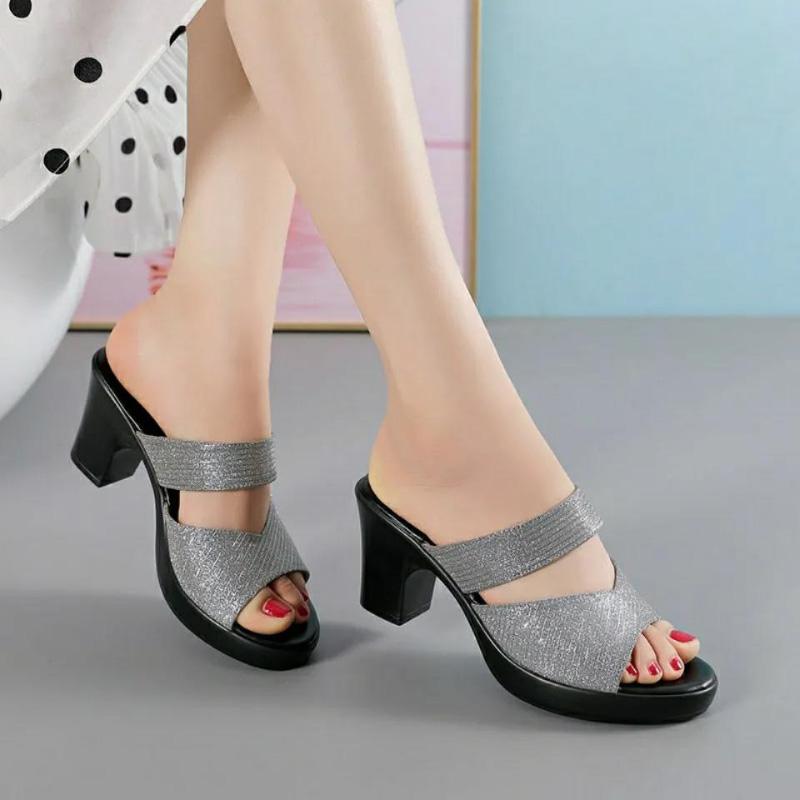 Women's Summer Fashion Increased Slope Fish Mouth Sandals All-match Casual Shiny Sandals and Slippers