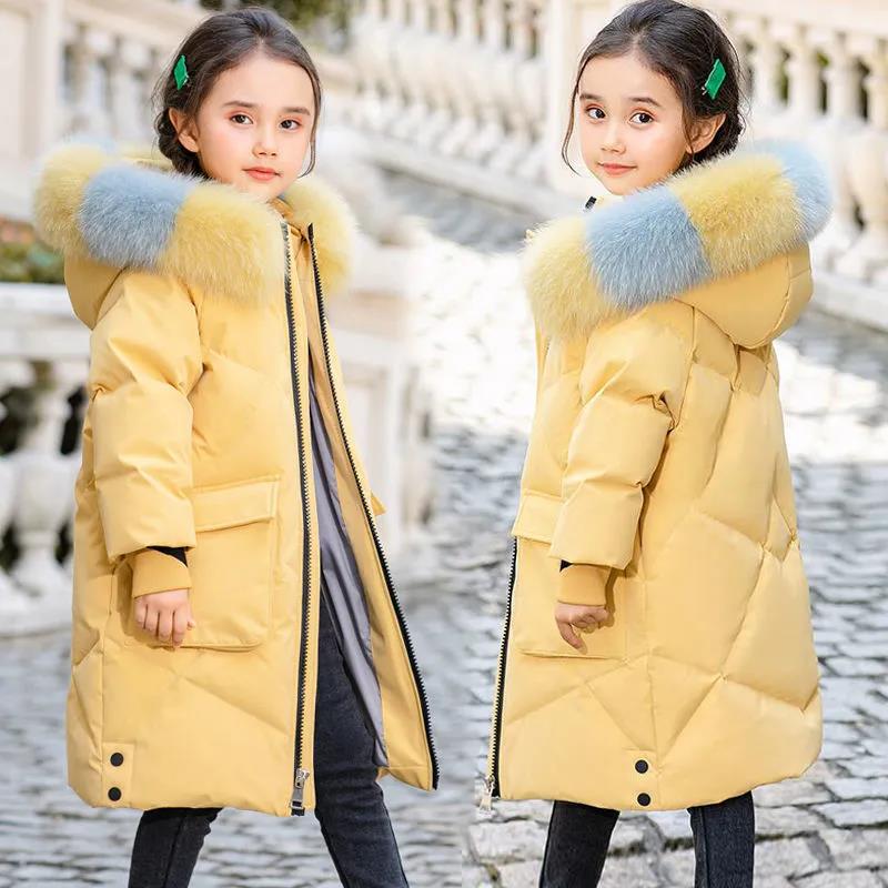 Girls' Warm Down Jacket Mid-length Windproof and Down Thick White Duck Down Jacket Big Fur Collar Children's Clothing