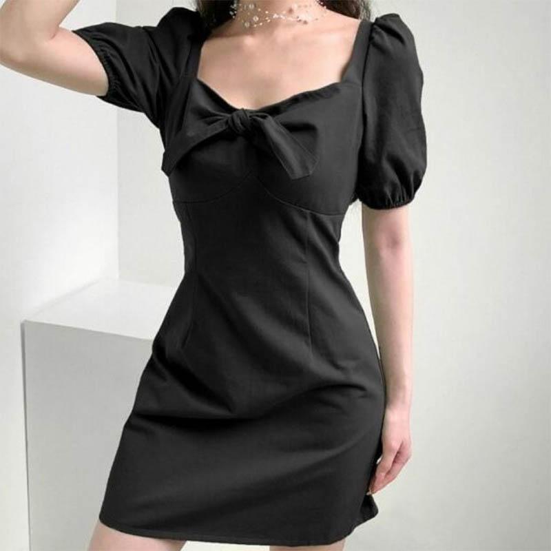 Solid Color Court Puff Sleeve Bow Sexy Square Neck Slim Dress Women