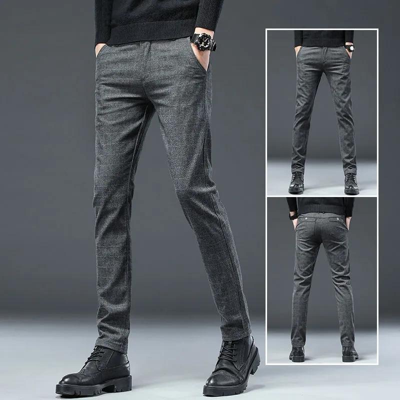 Men's Casual Cotton Linen Pants Business Plaid Trousers Straight Slim Long Pants Spring and Autumn Office Casual Pants