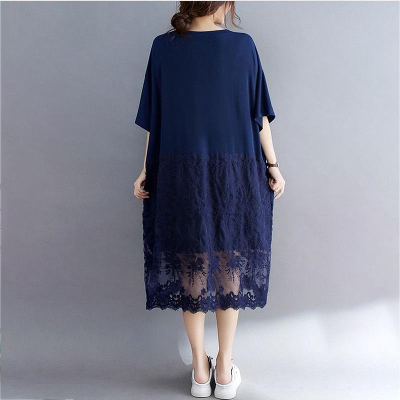 WTEMPO Plus Size Women Dress Summer Lace Round Neck Long Dress Casual Mid-calf Length