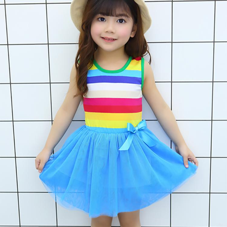 Girls Kids Rainbow Striped Tutu Dress Princess Sleeveless Mesh Dresses Summer Casual