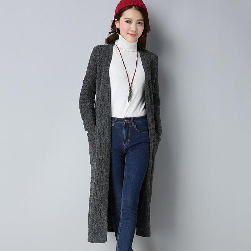 Autumn and Winter Thick Casual Sweater Mid-length Cardigan Over-the-knee Top Pure Simple Female Jacket
