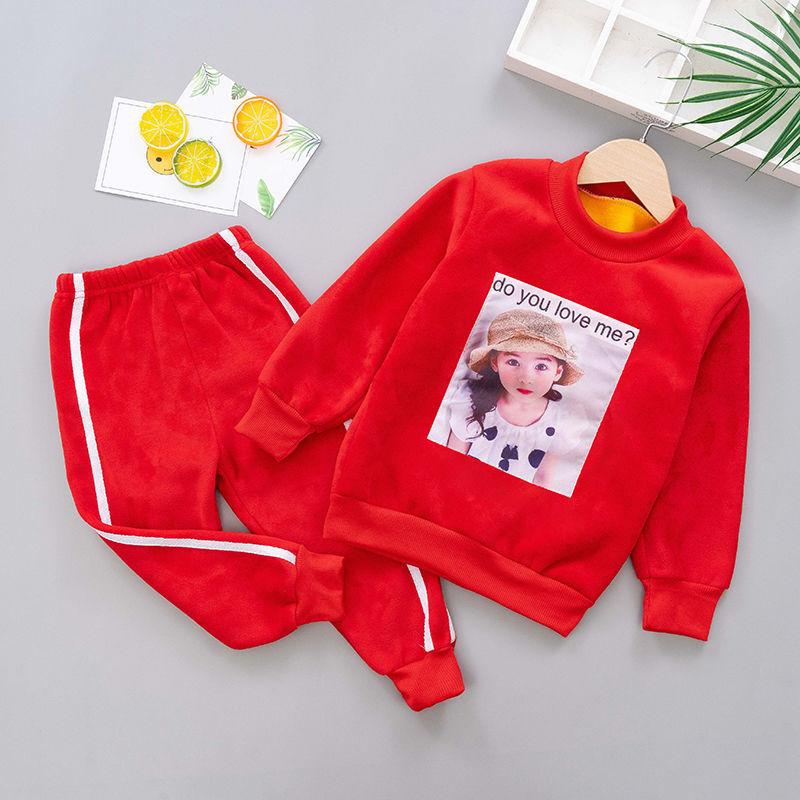 Double-faced Fleece Girls Two-piece Long-sleeved Plus Fleece Sweater Pants Spring, Autumn and Winter  Simple Fashion Suit Middle Small Children