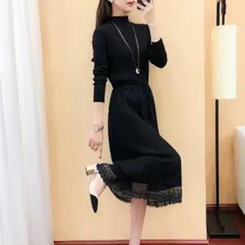 Long Sweater Dress Over The Knee Thickening New Women's Half High Neck Lace Stitching Lace Knitted Dress