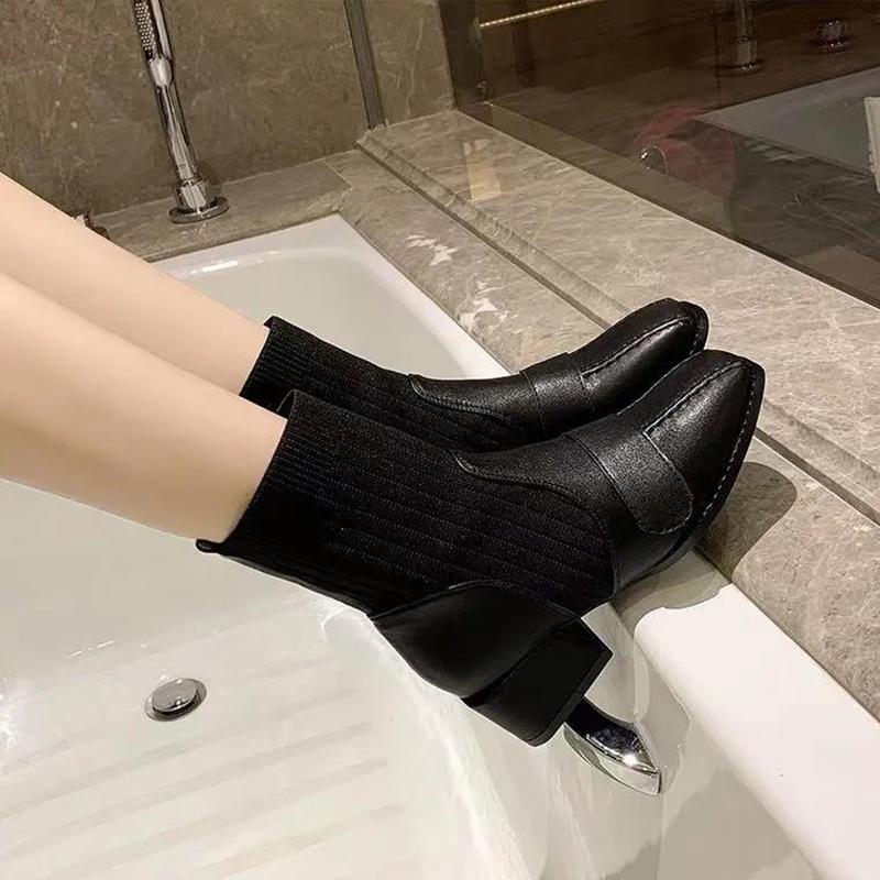 Women's Thick Heel Fashion Boots Autumn and Winter Trend All-match High-heeled Boots Short Tube High-top Shoes Microfiber Sock Boots