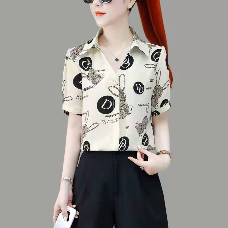 Short-sleeved Chiffon Shirt Ladies Temperament Shirt Summer Top Women's Small Shirt V-neck Neckline Tie Bowknot Fabric Light and Breathable