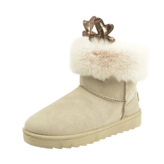 Winter Warm Cute Elk Antlers Snow Boots Fur One Plus Velvet Thick Cotton Shoes Boots Women