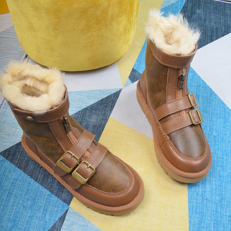 Women's Boots Winter Shoes Plush Fur Boots Black Brown Leather Ankle Booties Warm Platform Shoes Snow Boots Punk Flat Platform Shoes