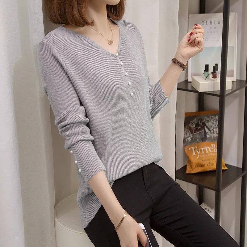 Sweater Women's Pullover Knitwear Korean Version Solid Color Fluffy Button V-neck Trending Sweater Autumn Winter Purple Sweater
