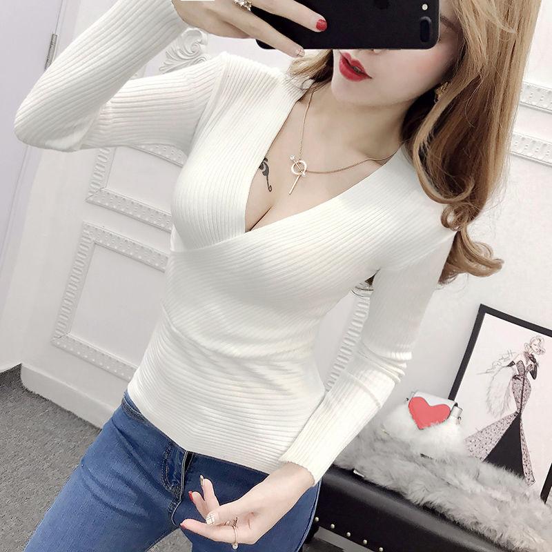 Autumn and Winter Sexy Low-cut Bottoming Shirt Knitted V-neck Tight Sweater Long-sleeved Solid Color Female Top