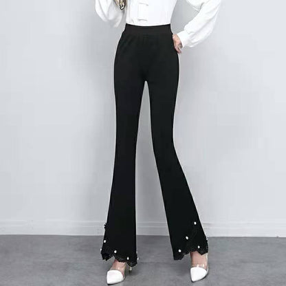 Slim Pants Women's High Waist Slimming Drape Beaded Black Slim Casual Trousers Spring Korean Fashion