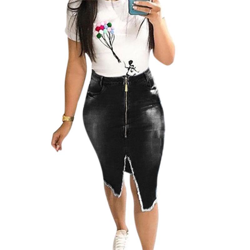 Denim Skirt Autumn Solid Color Zipper Mid Waist Cowboy Skirt Package Hip Knee Length A-line Slim Skirts