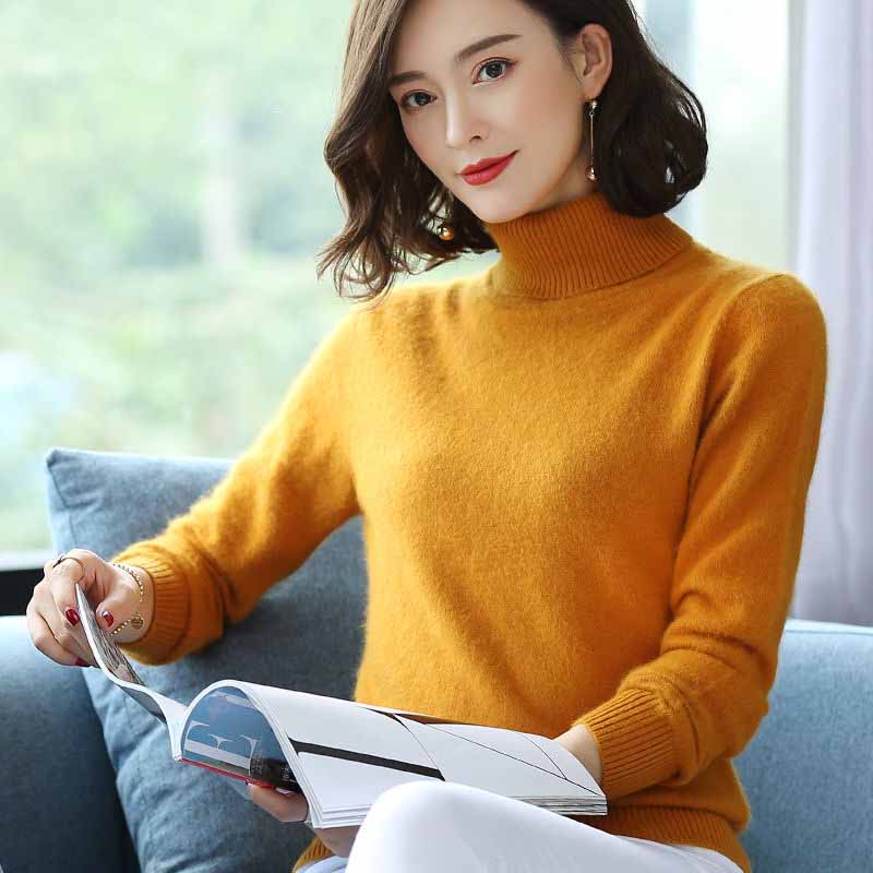 Women's Turtleneck  Mink Sweater Thick Warm Slim Pullover Sweater 100% Real Mink Hair Fuzzy Sweater