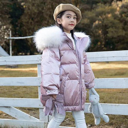 Winter Thickened All-match Big Children's White Duck Down Down Jacket Girls Mid-length Shiny Face Baby Girl Winter Thickened Children's Jacket