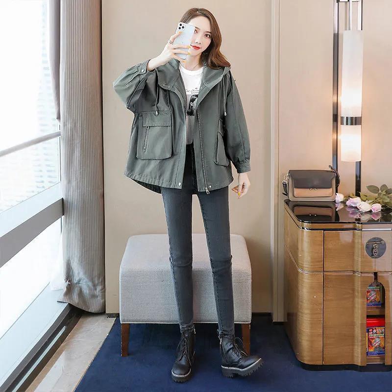 Double Layer Lining Windbreaker Women's Spring and Autumn Style Waist Loose Casual Hooded Raincoat Jac