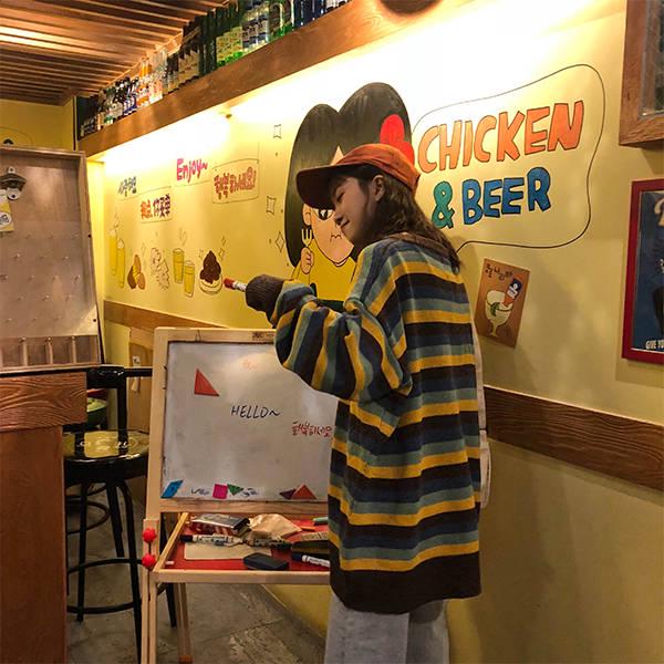Colorblock striped round neck sweater female student autumn and winter lazy wind loose sweater